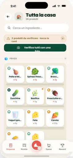 La dispensa di SAVI divisa per frigo, freezer e dispensa, con ventuno prodotti e i giorni che restano a ciascuno.