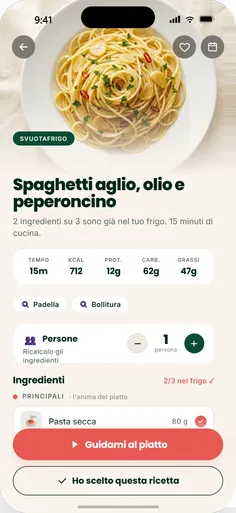 Una ricetta svuotafrigo in SAVI: spaghetti aglio, olio e peperoncino, con due ingredienti su tre già presenti nel frigo.